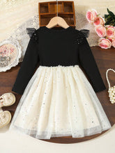 Girls Black Net Mesh Dress With Pony, Star & Moon Pattern Print, Long Sleeve For Autumn/Winter, Layering Or Outerwear